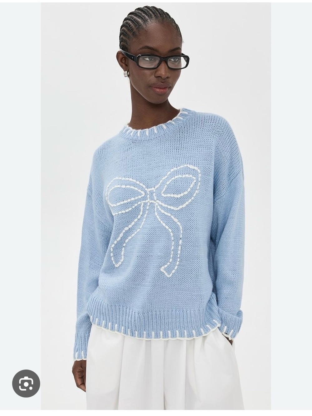 Bailey Rose Light Blue Knit Sweater with White Bow Detail